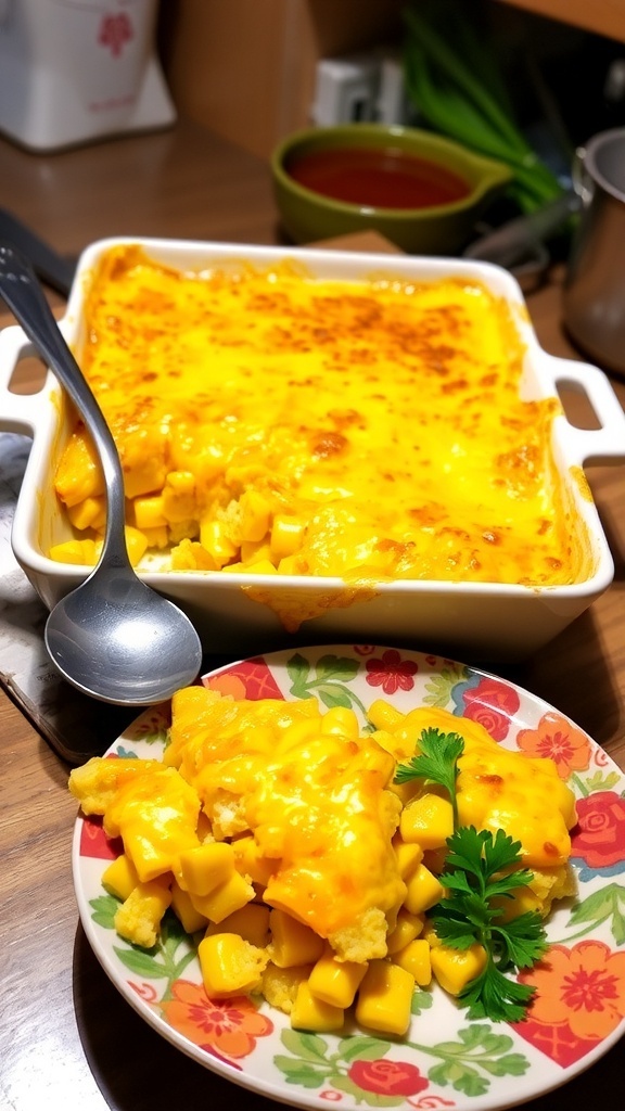 Cheesy corn casserole in a baking dish, golden brown on top, with a serving spoon and plated portions.
